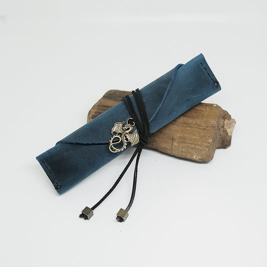Handmade Leather Dice Bag Metal Dragon Suitable For 1 Sets Of Dice / Vintage Dark Blue Dice Bag / Pancil Case. Game accessories for table-top game, board game and rpg. Gift for game lover