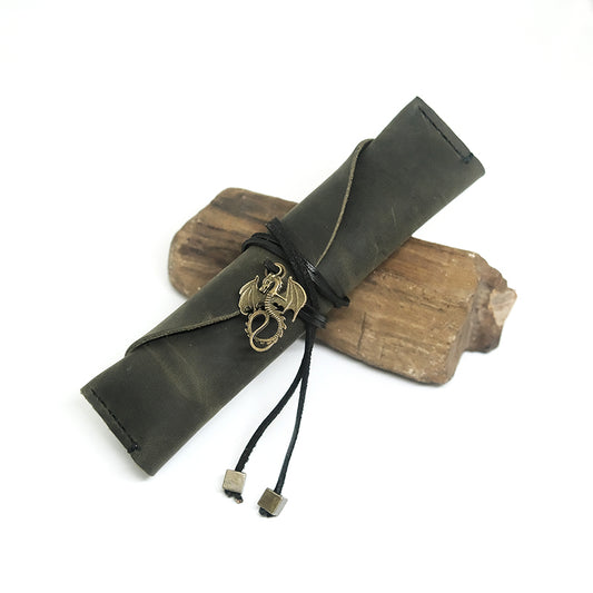 Handmade Leather Dice Bag Metal Dragon Suitable For 1 Sets Of Dice / Vintage Dark Olive Dice Bag / Pancil Case