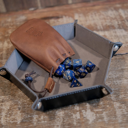 Lapis Lazuli Natural Gemstone Dice Set Combo / Dice Set of 7 / Leather Dice Bag / Dice Tray. Game accessories for table-top game, board game and rpg game lover