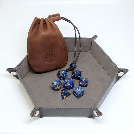 Lapis Lazuli Natural Gemstone Dice Set Combo / Dice Set of 7 / Leather Dice Bag / Dice Tray. Game accessories for table-top game, board game and rpg game lover