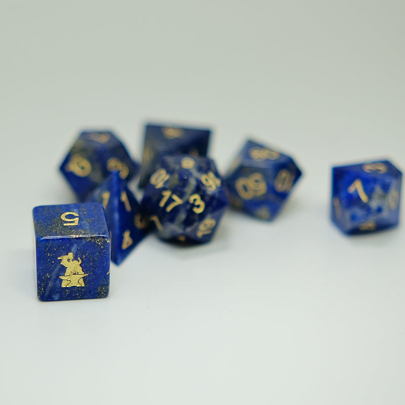 Lapis Lazuli Natural Gemstone Dice Set of 7, D6 with forgic logo. Game accessories for table-top game, board game and rpg. Gift for game lover
