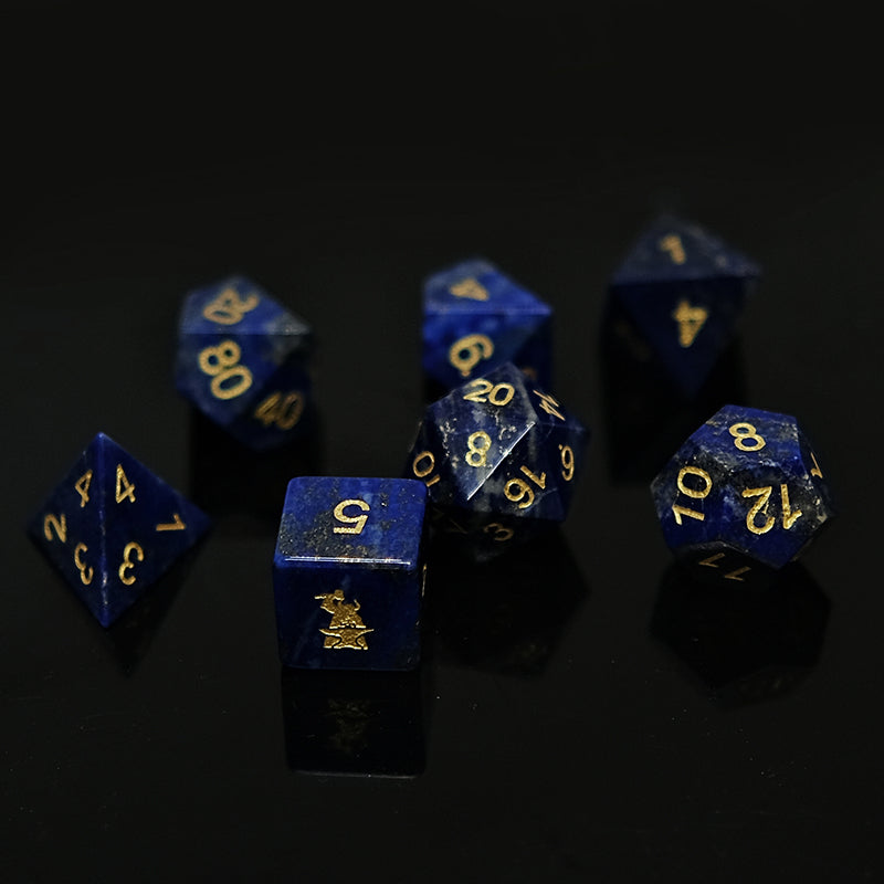 Lapis Lazuli Natural Gemstone Dice Set of 7, D6 with forgic logo. Game accessories for table-top game, board game and rpg. Gift for game lover