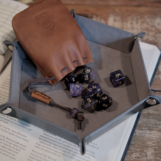 Natural Amethyst Dice Set and Leather Bag Combo. Game accessories for table-top game, board game and rpg. Gift for game lover