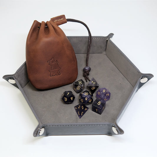 Natural Amethyst Dice Set and Leather Bag Combo. Game accessories for table-top game, board game and rpg. Gift for game lover