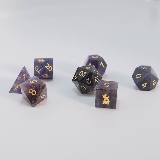 Amethyst Natural Gemstone Dice Set of 7——D6 with Forgic Logo. Game accessories for table-top game, board game and rpg. Gift for game lover
