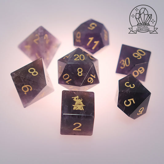 Amethyst Natural Gemstone Dice Set of 7——D6 with Forgic Logo. Game accessories for table-top game, board game and rpg. Gift for game lover