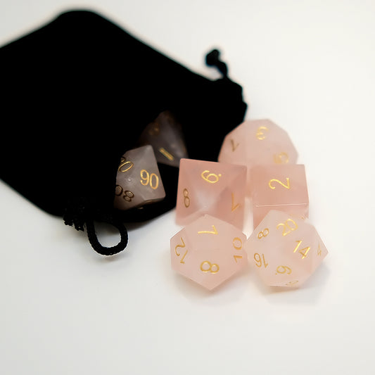 Natural Rose Quartz Gemstone Dice Set of 7 DND Role Playing Games and Table-top Games. Gift for Gamer