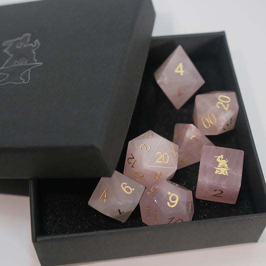 Natural Rose Quartz Gemstone Dice Set of 7 —— D6 with Forgic Logo. Pink Dice. Game accessories for table-top game, board game and rpg. Gift for game lover