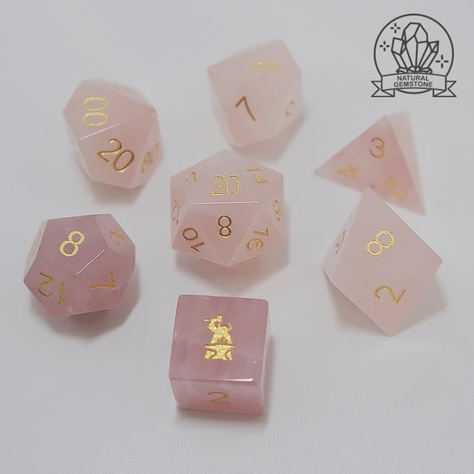 Natural Rose Quartz Gemstone Dice Set of 7 —— D6 with Forgic Logo. Pink Dice. Game accessories for table-top game, board game and rpg. Gift for game lover