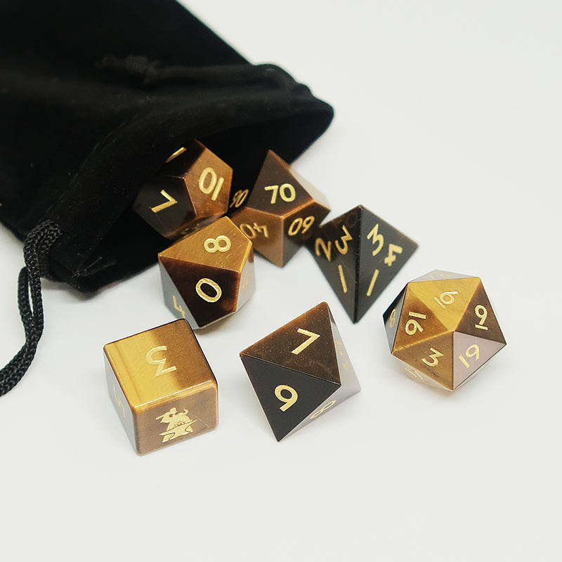 Natural Tiger's Eye Gemstone Dice Set of 7 -- D6 with Forgic Logo. Game accessories for table-top game, board game and rpg. Gift for game lover