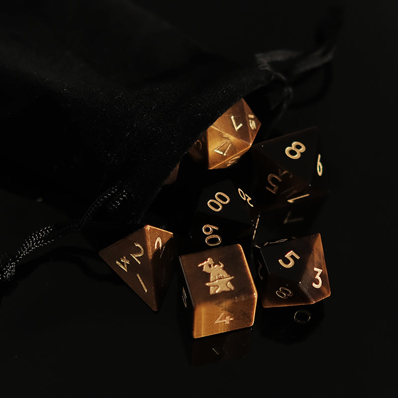 Natural Tiger's Eye Gemstone Dice Set of 7 -- D6 with Forgic Logo. Game accessories for table-top game, board game and rpg. Gift for game lover