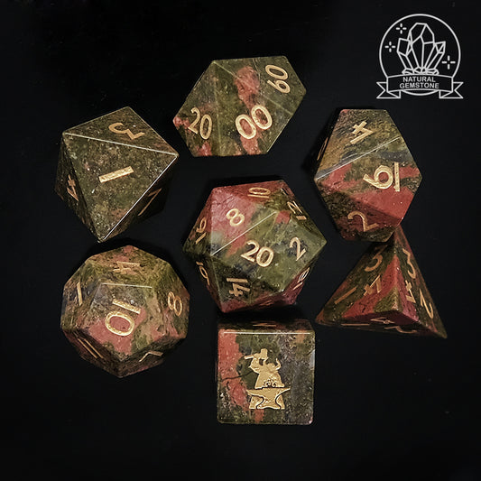 Natural Unakite Gemstone Dice Set of 7 Clearly Font —— D6 with Forgic Logo. Unique Green Dice. Game accessories for table-top game, board game and rpg. Gift for game lover