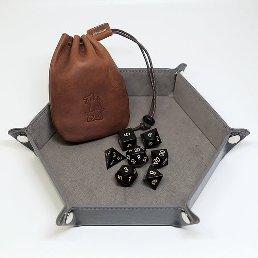 Obsidian Gemstone Dice Set Combo / Dice Set of 7 / Leather Dice Bag Attached Black Onyx / Dice Tray
