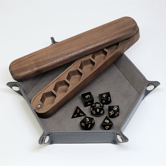 Obsidian Gemstone Dice Set Wooden Box Combo / Dice Set of 7 / Black Cherry Wood Box / Dice Tray