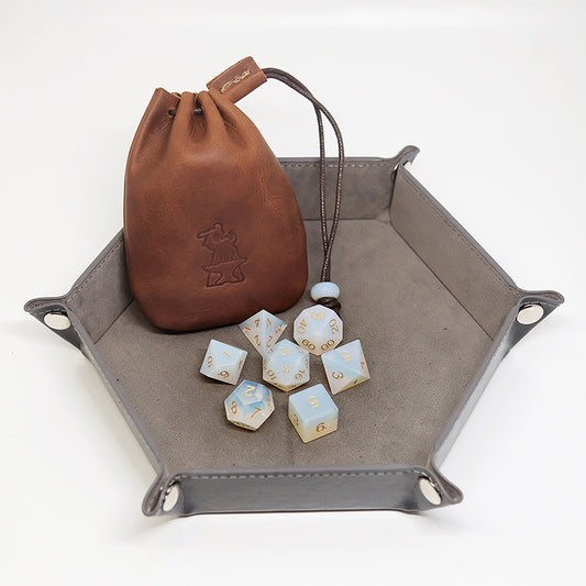 Opalite Gemstone Dice Set Combo / Dice Set of 7 / Leather Dice Bag / Dice Tray