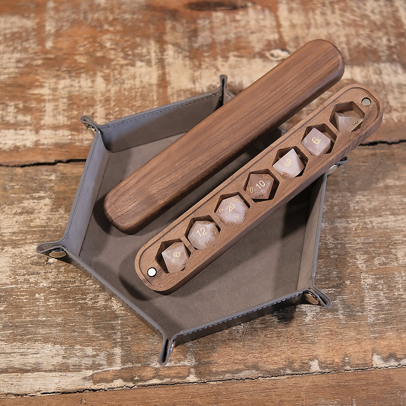 Rose Quartz Gemstone Dice Set Wooden Box Combo / Dice Set of 7 / Black Cherry Wood Box / Dice Tray