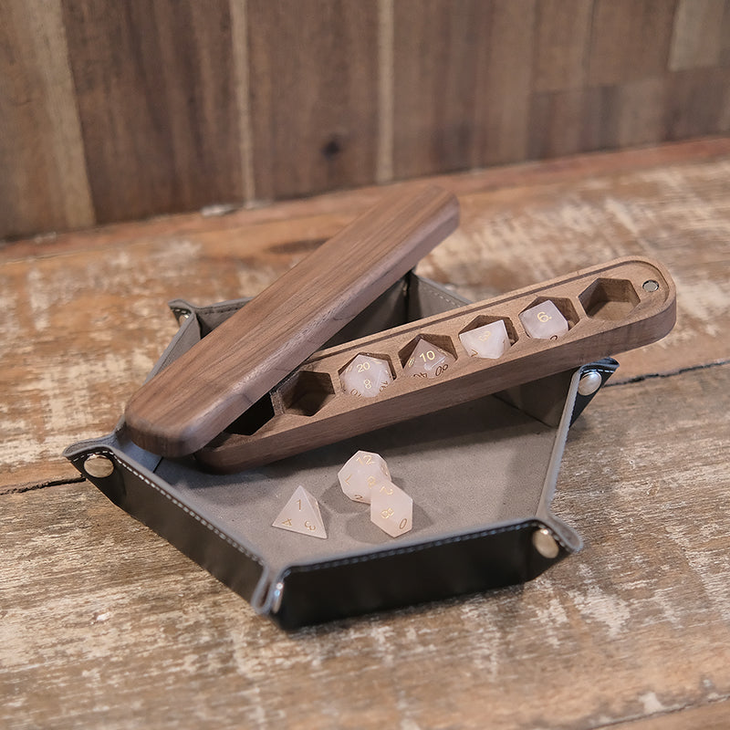 Rose Quartz Gemstone Dice Set Wooden Box Combo / Dice Set of 7 / Black Cherry Wood Box / Dice Tray