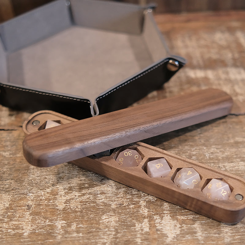 Rose Quartz Gemstone Dice Set Wooden Box Combo / Dice Set of 7 / Black Cherry Wood Box / Dice Tray