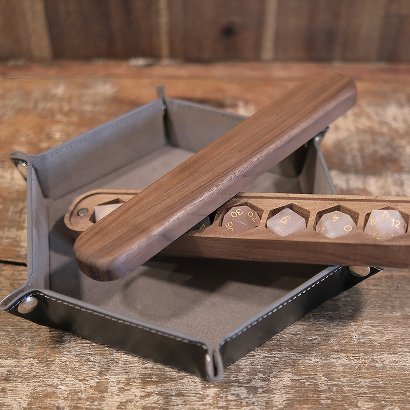 Rose Quartz Gemstone Dice Set Wooden Box Combo / Dice Set of 7 / Black Cherry Wood Box / Dice Tray