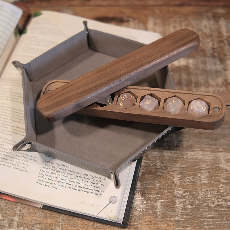 Rose Quartz Gemstone Dice Set Wooden Box Combo / Dice Set of 7 / Black Cherry Wood Box / Dice Tray