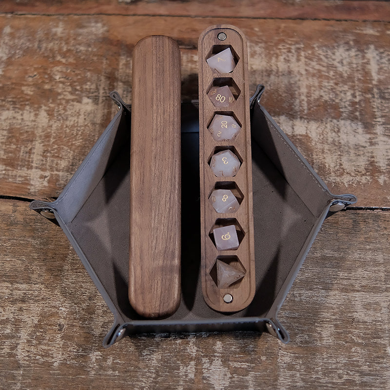 Rose Quartz Dice & Wooden Box Combo