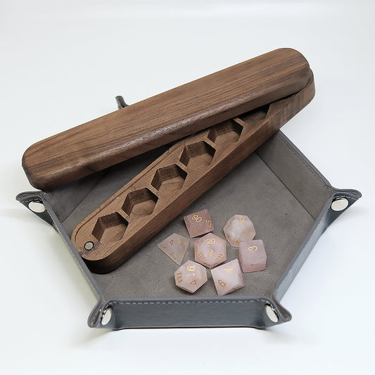 Rose Quartz Gemstone Dice Set Wooden Box Combo / Dice Set of 7 / Black Cherry Wood Box / Dice Tray