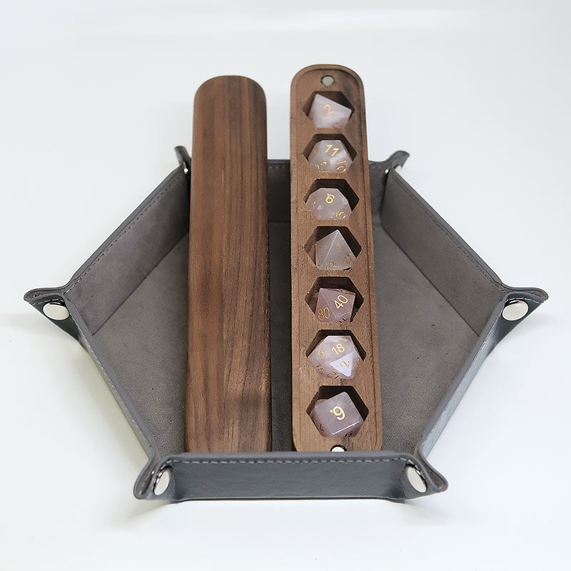 Rose Quartz Gemstone Dice Set Wooden Box Combo / Dice Set of 7 / Black Cherry Wood Box / Dice Tray