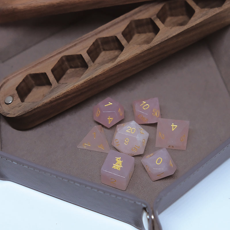 Rose Quartz Gemstone Dice Set Wooden Box Combo / Dice Set of 7 / Black Cherry Wood Box / Dice Tray